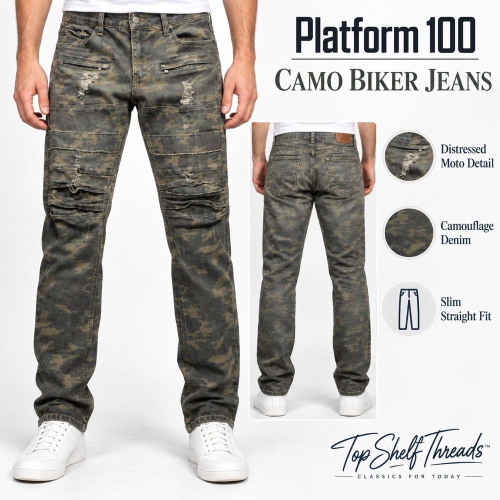 Platform 100 Camo Biker Jeans Men W36 L32 Distressed Slim Stretch Leather Patch